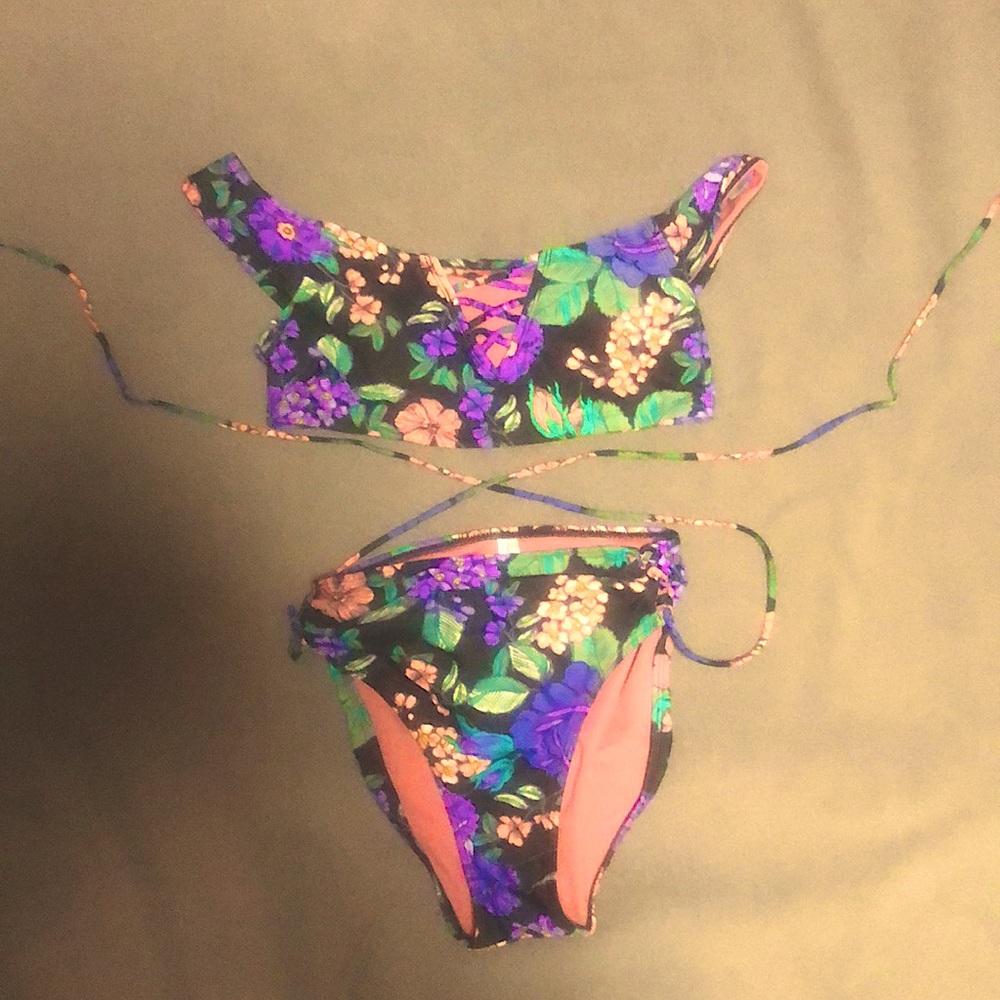 2 piece floral purple, green, black, and coral swimsuit